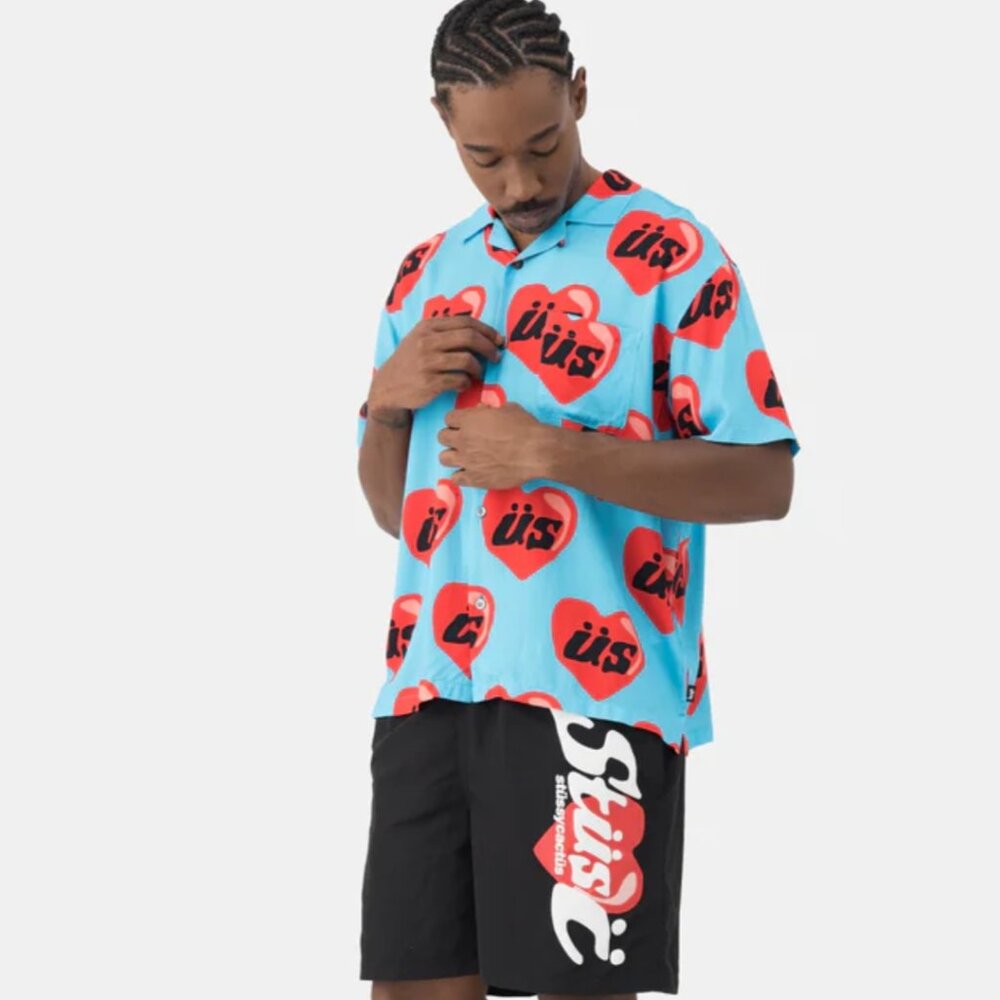 Stussy x CPFM Heart Short Slv Shirt Blue Red Collared Men L Streetwear Y2K Urban